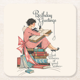 Posavasos Cuadrado De Papel Ilustración de cumpleaños para amante de libros an