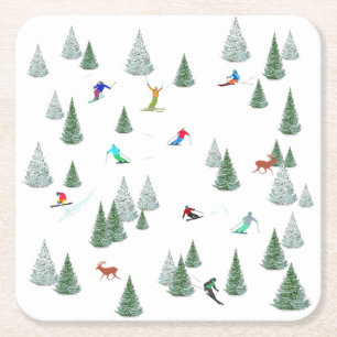 Posavasos Cuadrado De Papel Ilustración de esquiadores alpinos en descenso