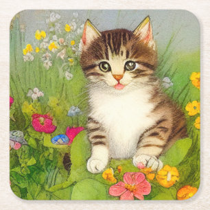 Posavasos Cuadrado De Papel Ilustracion de gato sonriente vintage