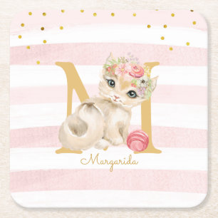 Posavasos Cuadrado De Papel Ilustracion de gato suave franjas blancas rosadas 