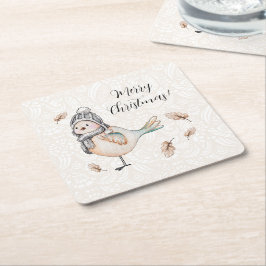 Posavasos Cuadrado De Papel Ilustración de Gorrión Lindo de Invierno