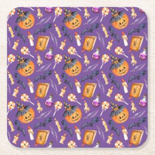 Posavasos Cuadrado De Papel Ilustracion de Halloween con calabaza y murciélago