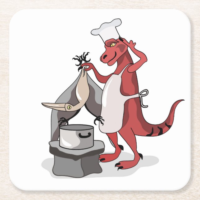 Posavasos Cuadrado De Papel Ilustracion De La Cocina De Un Chef Rex Tirrannosa (Anverso)