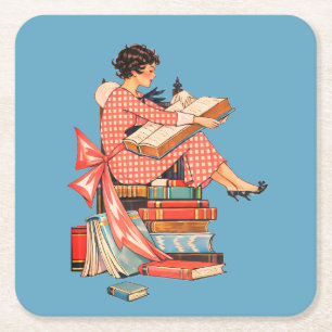 Posavasos Cuadrado De Papel Ilustración de lector de libros antiguos