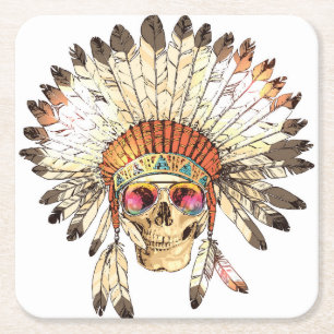 Posavasos Cuadrado De Papel Ilustracion de moda de cráneo nativo americano