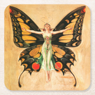 Posavasos Cuadrado De Papel Ilustración de Mujer Volando Mariposa Flapper
