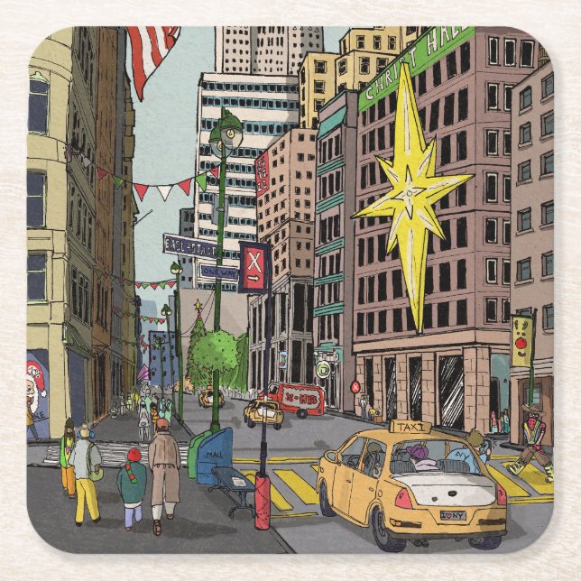 Posavasos Cuadrado De Papel Ilustracion de Navidades de Manhattan Winter New Y (Anverso)
