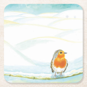 Posavasos Cuadrado De Papel Ilustración de paisaje invernal con petirrojo