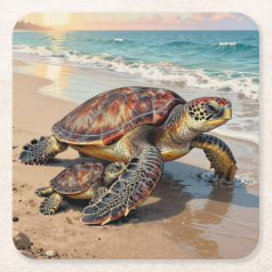 Posavasos Cuadrado De Papel Ilustración de tortuga marina y bebé