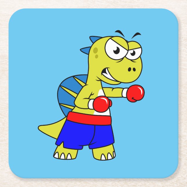 Posavasos Cuadrado De Papel Ilustracion De Un Boxeo De Spinosaurus. (Anverso)