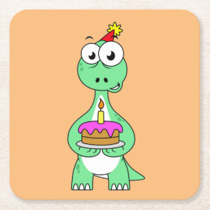 Posavasos Cuadrado De Papel Ilustracion De Un Brontosauro Con Pastel De Cumple
