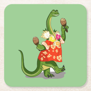 Posavasos Cuadrado De Papel Ilustracion De Un Brontosauro Tocando Maracas.