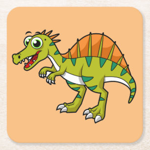 Posavasos Cuadrado De Papel Ilustracion De Un Espinosaurio Sonriente.