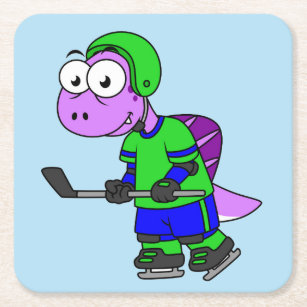 Posavasos Cuadrado De Papel Ilustracion De Un Jugador De Hockey Spinosaurus.