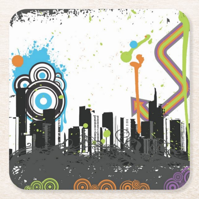 Posavasos Cuadrado De Papel Ilustracion de un paisaje urbano sucio (Anverso)