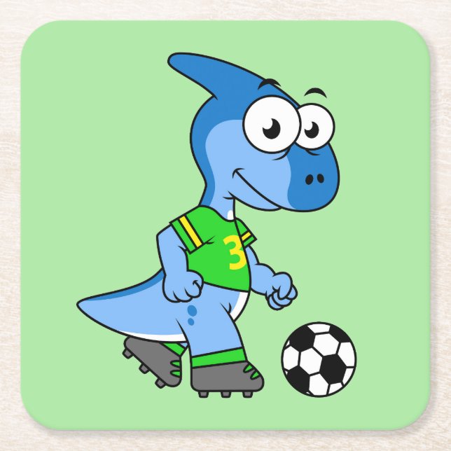 Posavasos Cuadrado De Papel Ilustracion De Un Parasaurolophus Jugando Fútbol. (Anverso)