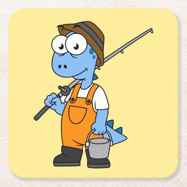 Posavasos Cuadrado De Papel Ilustracion De Un Pescador Allosauro. (Anverso)