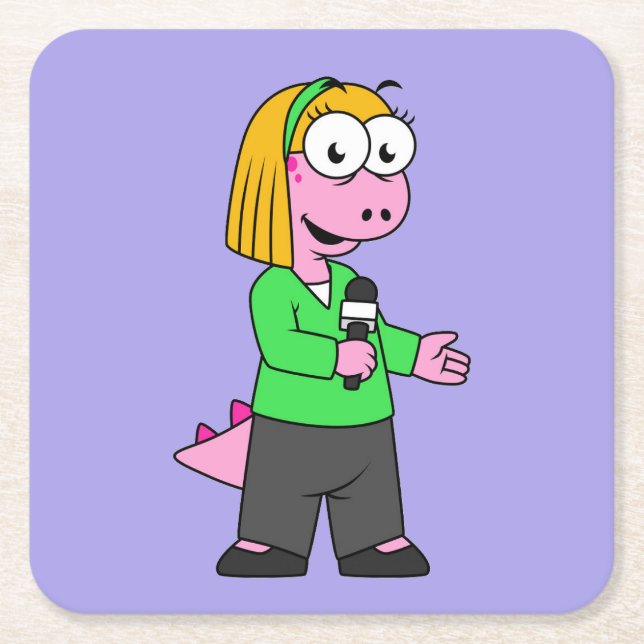 Posavasos Cuadrado De Papel Ilustracion De Un Reportero De Allosaurus News. (Anverso)