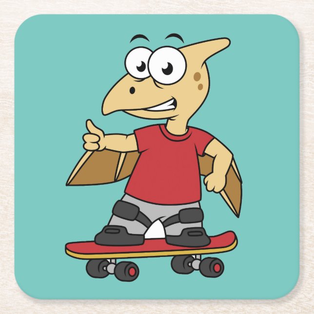 Posavasos Cuadrado De Papel Ilustracion De Un Skateboarding De Pterosaur. (Anverso)