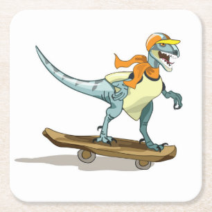 Posavasos Cuadrado De Papel Ilustracion De Un Skateboarding Raptor.