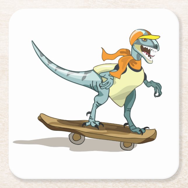 Posavasos Cuadrado De Papel Ilustracion De Un Skateboarding Raptor. (Anverso)