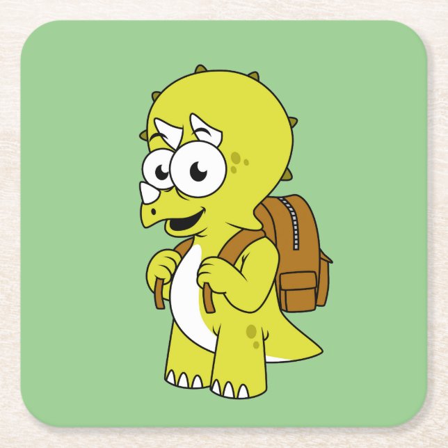 Posavasos Cuadrado De Papel Ilustracion De Un Triceratops Con Mochila. (Anverso)
