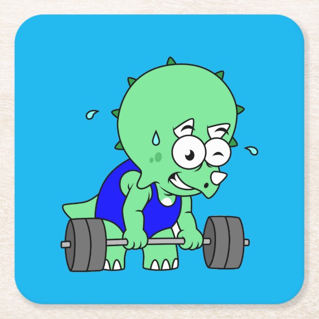 Posavasos Cuadrado De Papel Ilustracion De Un Triceratops Levantando Pesos. (Anverso)