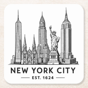 Posavasos Cuadrado De Papel Ilustración del horizonte de NYC con la Estatua de