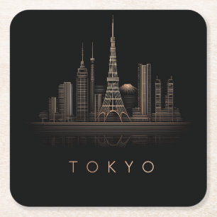 Posavasos Cuadrado De Papel Ilustración elegante de la silueta urbana de Tokio