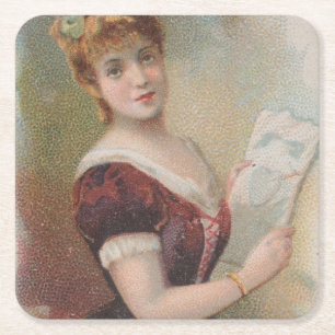 Posavasos Cuadrado De Papel Ilustración elegante de San Valentín antigua, 1890