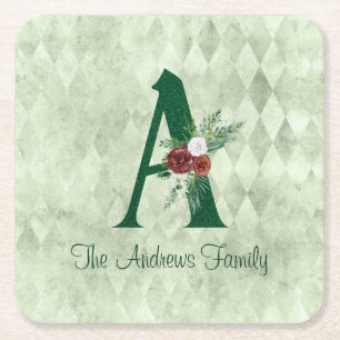 Posavasos Cuadrado De Papel Ilustración floral de invierno Carta A Personaliza