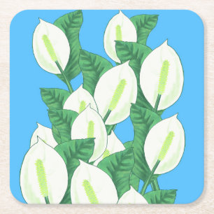 Posavasos Cuadrado De Papel Ilustracion Lirio de Paz Blanca Azul pálido