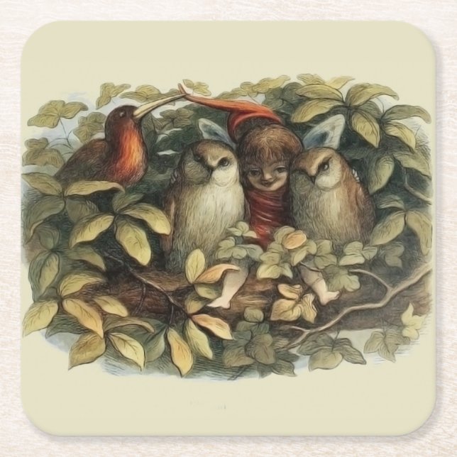 Posavasos Cuadrado De Papel Ilustracion Natural de las Lechuzas y las Fe de El (Anverso)
