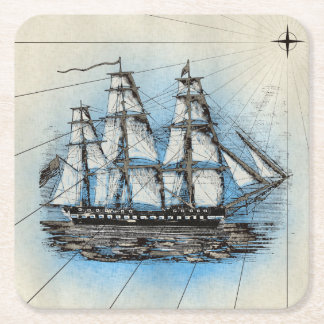 Posavasos Cuadrado De Papel Ilustracion náutico del vintage alto de la nave