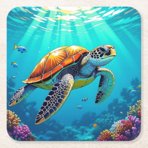 Posavasos Cuadrado De Papel Ilustracion Océano vibrante de tortuga marina