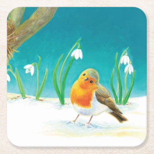 Posavasos Cuadrado De Papel Ilustracion Red Robin Bird y Snowdrop