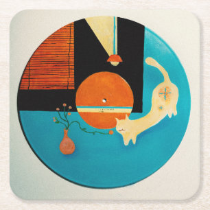 Posavasos Cuadrado De Papel Ilustración Retro de Gato Estirándose en Disco