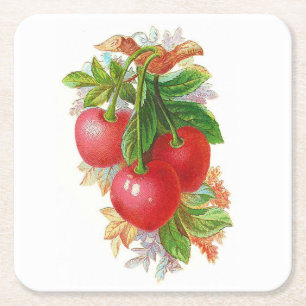 Posavasos Cuadrado De Papel Ilustracion Vintage Cherries