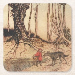 Posavasos Cuadrado De Papel Ilustración vintage de Caperucita Roja y el Lobo d