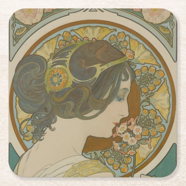 Posavasos Cuadrado De Papel Imagen de Alphonse Mucha (Anverso)