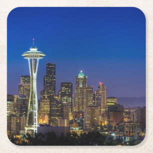 Posavasos Cuadrado De Papel Imagen del horizonte de Seattle en horas de mañan