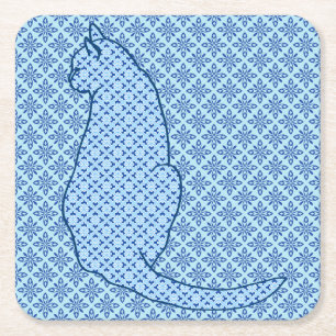 Posavasos Cuadrado De Papel Impresión de kimono azul para gato japonés