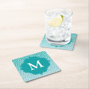 Posavasos Cuadrado De Papel Impresión de leopardo turquesa monograma