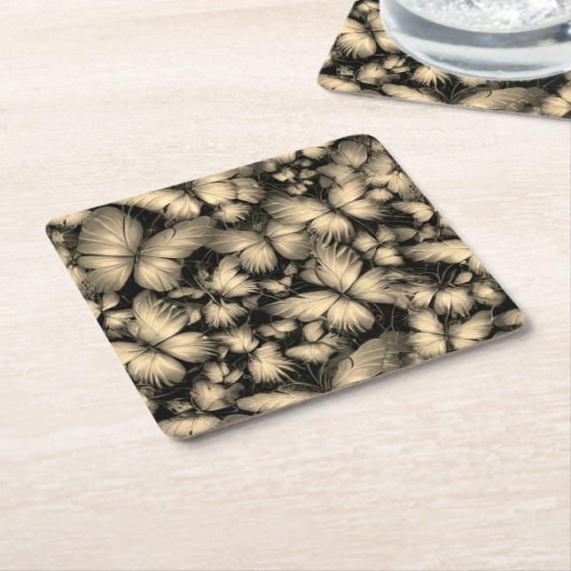 Posavasos Cuadrado De Papel Impresión de mariposas doradas (En perspectiva)
