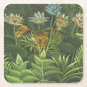 Posavasos Cuadrado De Papel Impresión vintage de león en jungla tropical de He