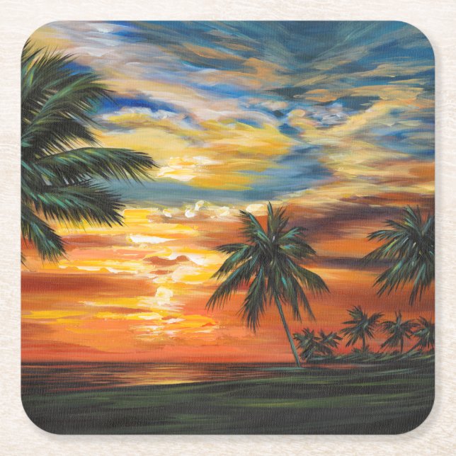 Posavasos Cuadrado De Papel Impresionante atardecer tropical (Anverso)