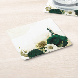 Posavasos Cuadrado De Papel Increíbles flores de esmeralda verde marfil y oro
