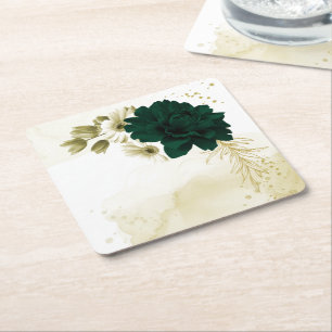 Posavasos Cuadrado De Papel Increíbles flores de marfil verde esmeralda y oro