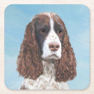 Posavasos Cuadrado De Papel Inglés Springer Spaniel Pintura Original Perro Art