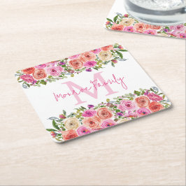 Posavasos Cuadrado De Papel Inicial | Personalizar | Acuarela | Floral